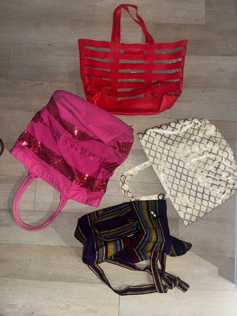 Victoria's Secret Pink Sequin Stripe Beach Tote - Hot Pink